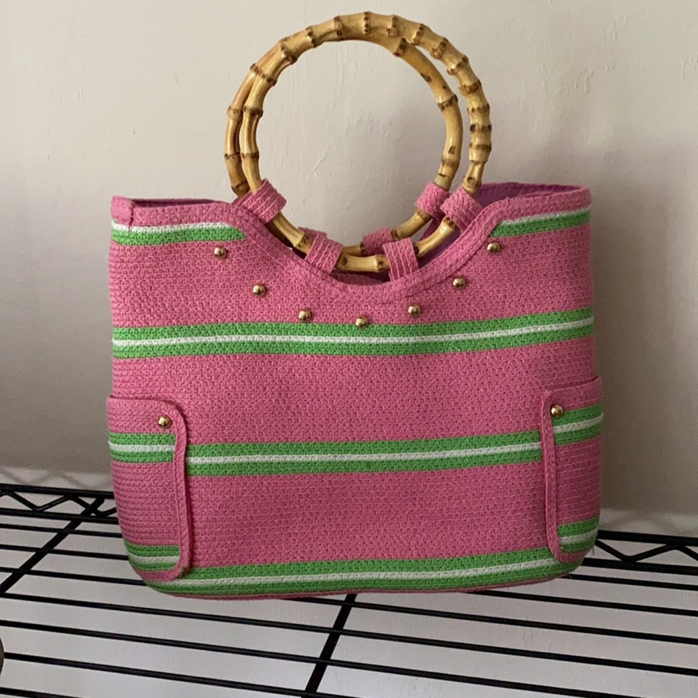 Pink & Green Striped Tote with Bamboo Handles - Picture 2 of 4